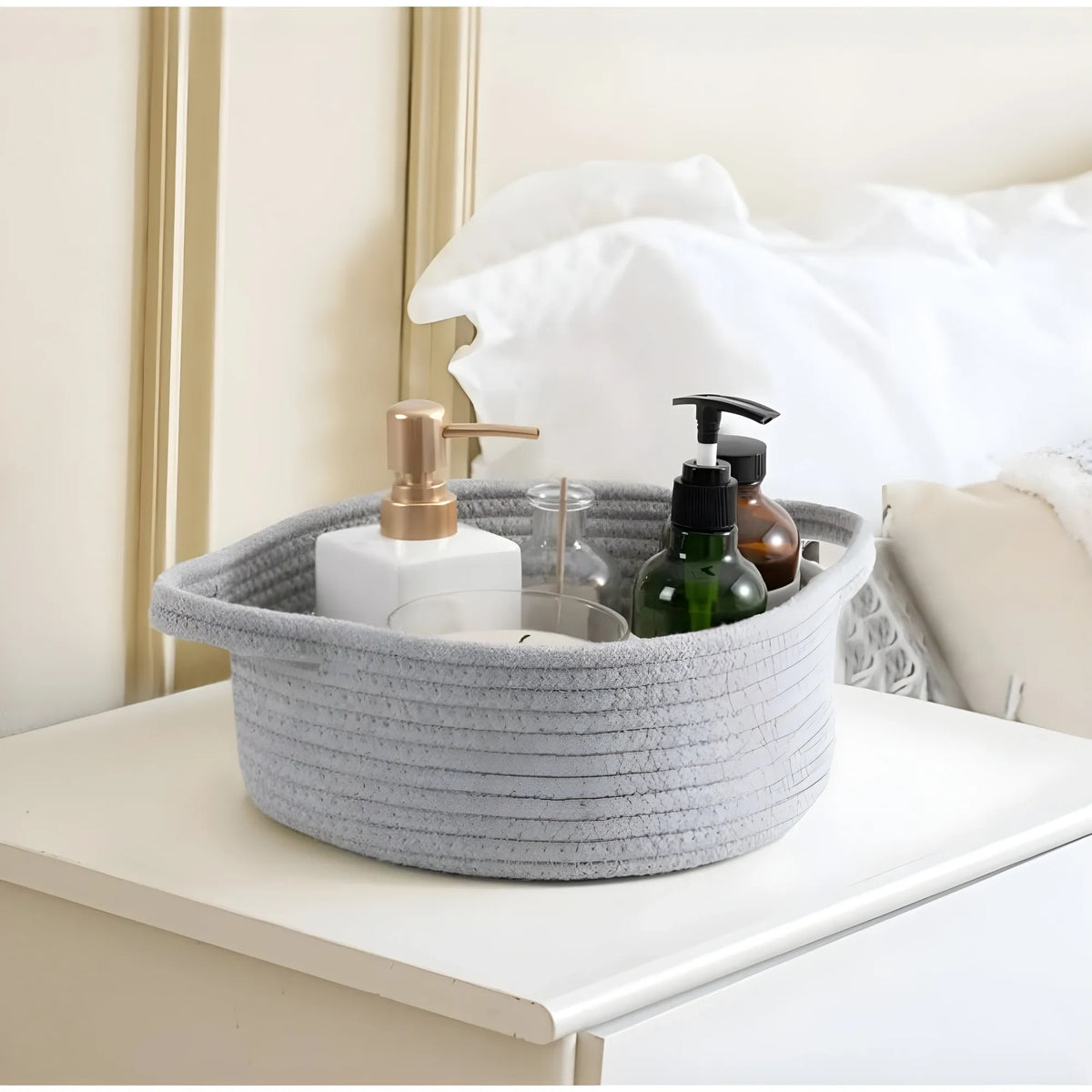 Cotton 8x3 Inch Round Bedside Organizer With Out Lid (Gray)
