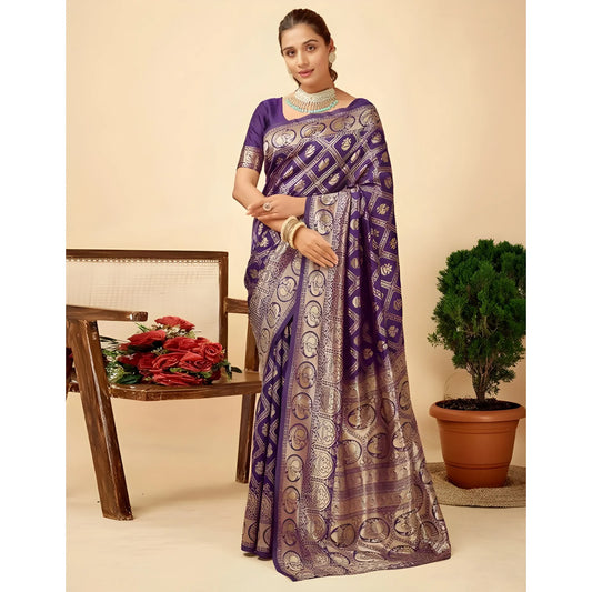 Women's Jacquard Printed Saree With Unstitched Blouse 5.5Mtr (Purple)