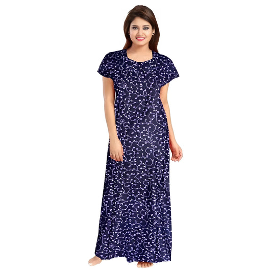 Women's Cotton Printed Maxi Nighty (Blue)