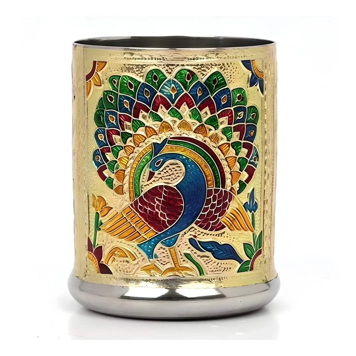 Steel Meenakari Peacock Design Decorative Glass Set (Gold)