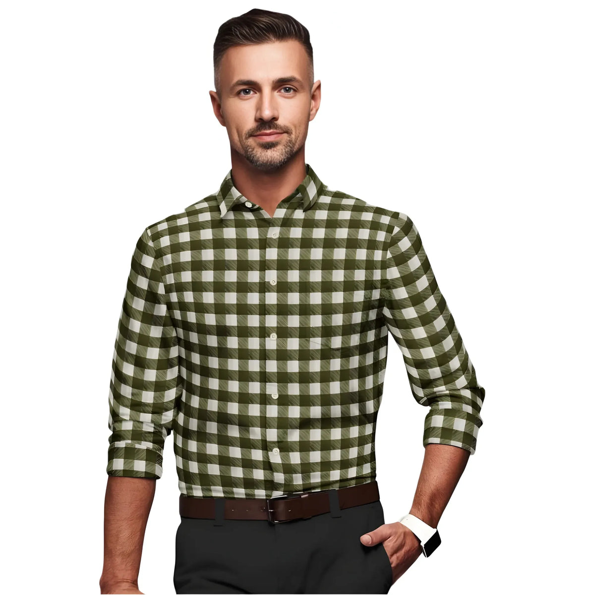 Men's Cotton Blended Checked Full Sleeve Shirt (White-Green)