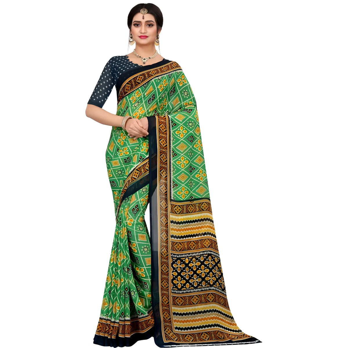 Women's Georgette Floral Print Saree With Unstitched Blouse 5.5Mtr (Light Green)