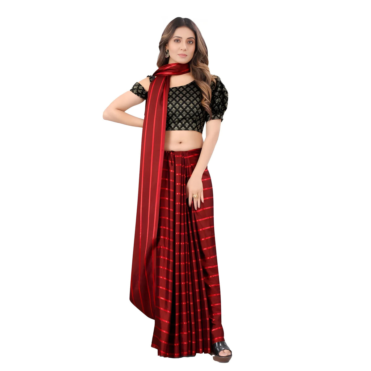 Women's Satin Silk Saree with Blouse (Red, 5-6 Mtrs)