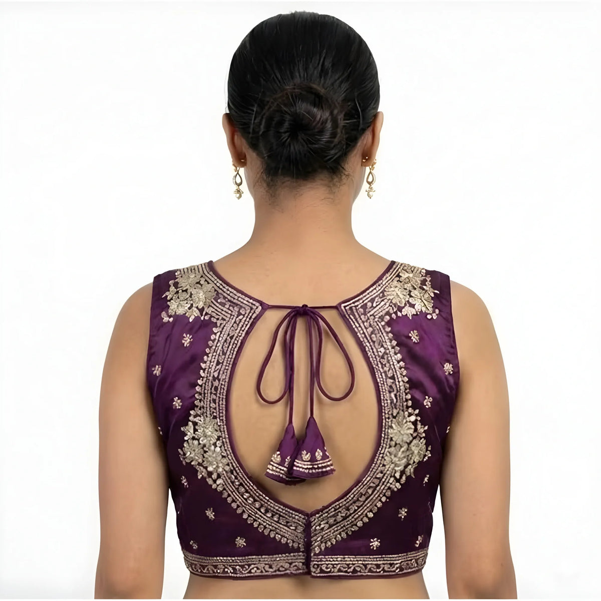 Women's Silk Embroidered V-Neck Sleeveless Readymade Padded Blouse (Wine, Size 38)