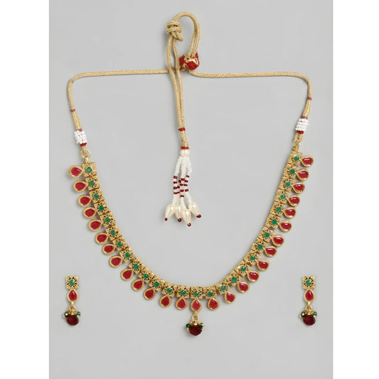 Women's Rose Gold Plated Alloy Necklace &amp; Earings Set (Green &amp; Red)