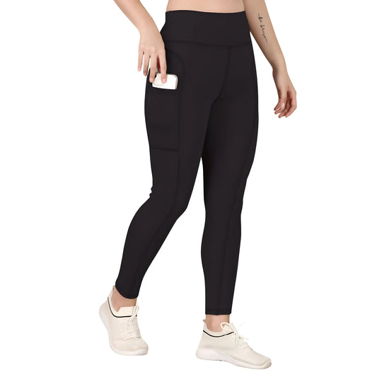 Women's Polyester Solid Ankle length High Waisted Tights (Black)