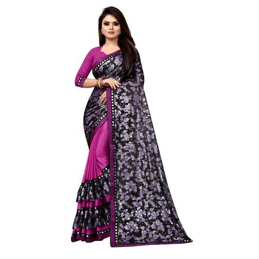 Women's Lycra Blend Saree with Blouse (Purple, 5-6 Mtrs)