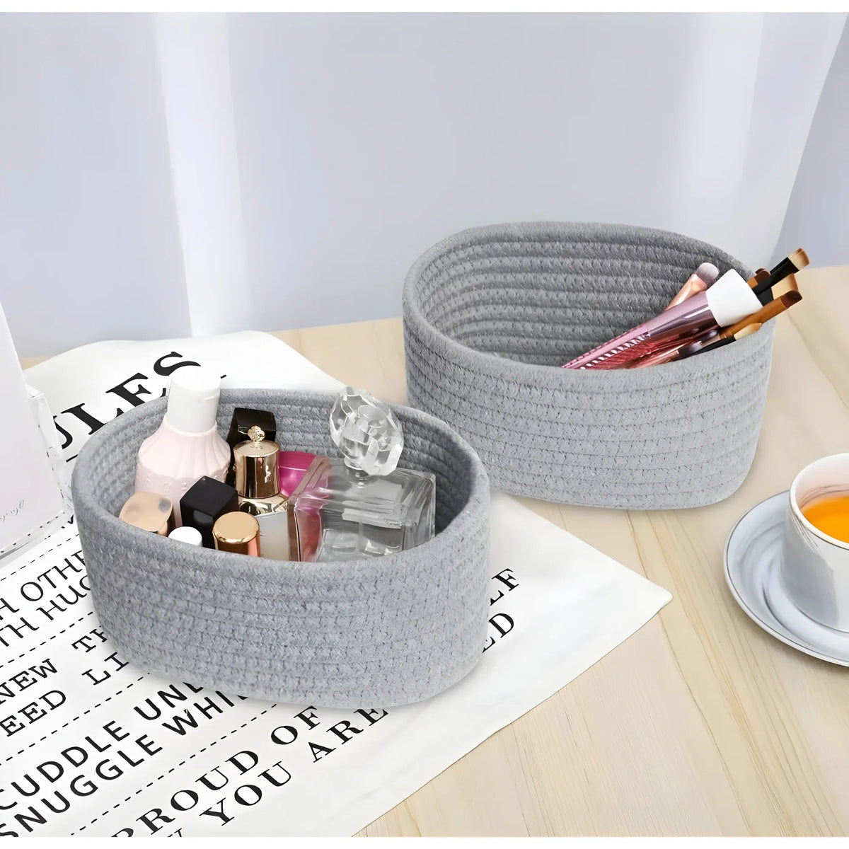Cotton 8x3 Inch Round 2 Set Bedside Organizer With Out Lid (Gray)