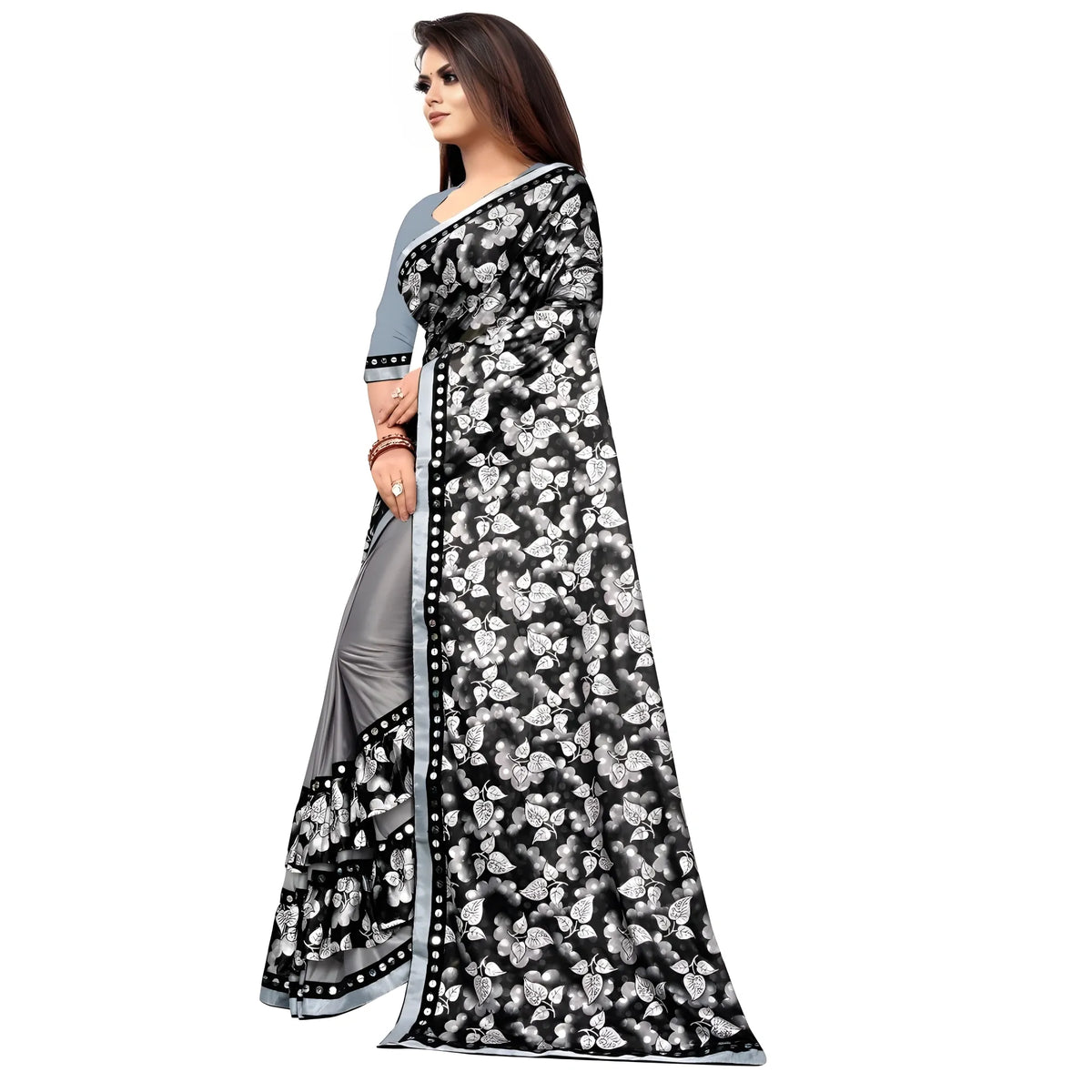 Women's Lycra Blend Saree with Blouse (Grey, 5-6 Mtrs)