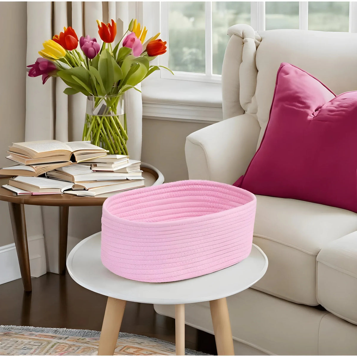 Cotton Oval 10x7x5 Inch Bedside Organizer With Out Lid (Pink)