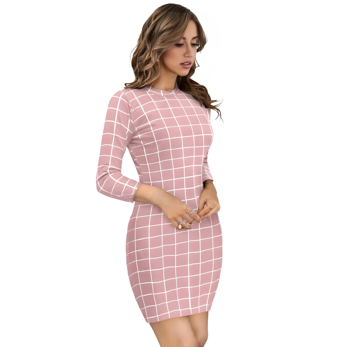 Women's Polyester Solid High Neck Full Sleeve Dress (Peach)