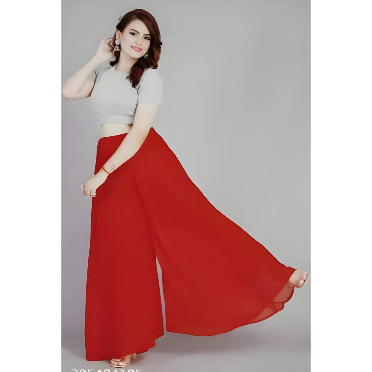 Women's Pack of 2 Georgette Solid High Rise Wide Leg Flared Palazzos with Elastic Waist (Red)