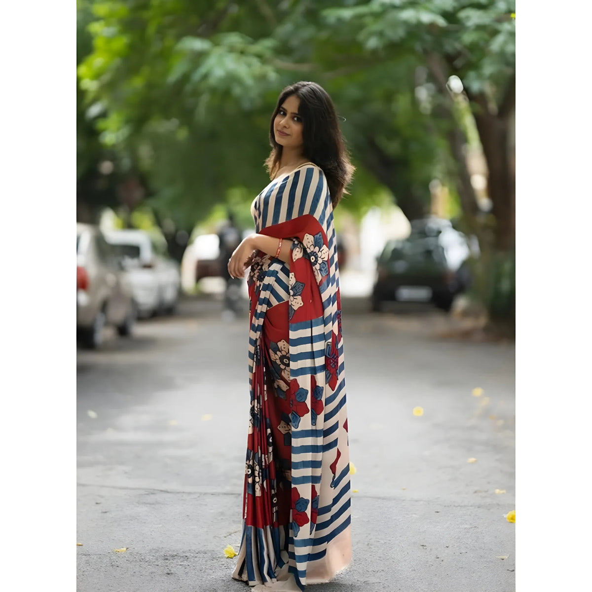 Women's Linen Printed Saree With Unstitched Blouse 5.5Mtr  (Red)