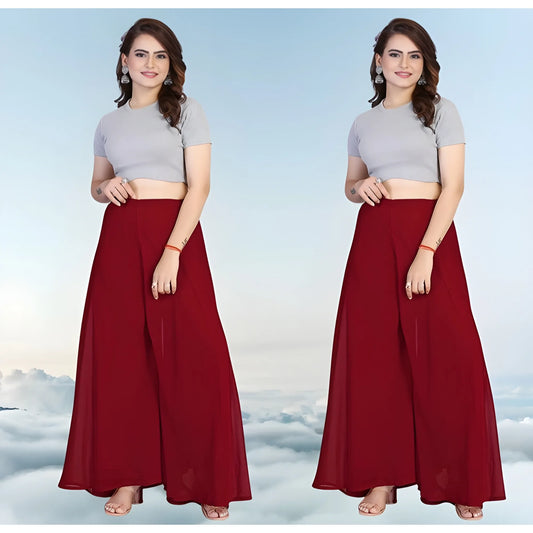 Women's Pack of 2 Georgette Solid High Rise Wide Leg Flared Palazzos with Elastic Waist (Maroon)