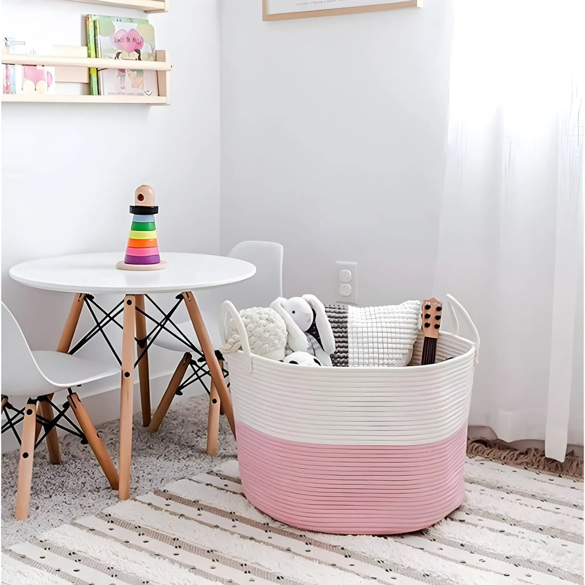 Cotton Pack Of_1 14x12 Inch Laundry Storage Basket For Clothes (Pink-White)