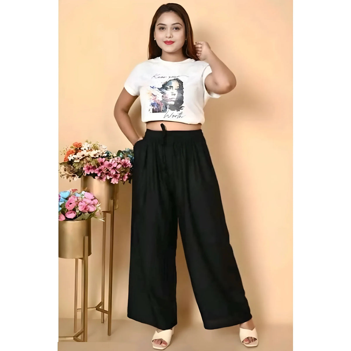 Women's Casual Rayon Solid Ankle Length Palazzo (Black, Free Size)