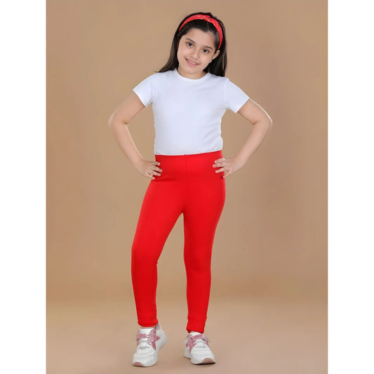 Girl's Cotton Lycra Solid Elasticated Leggings (Red)