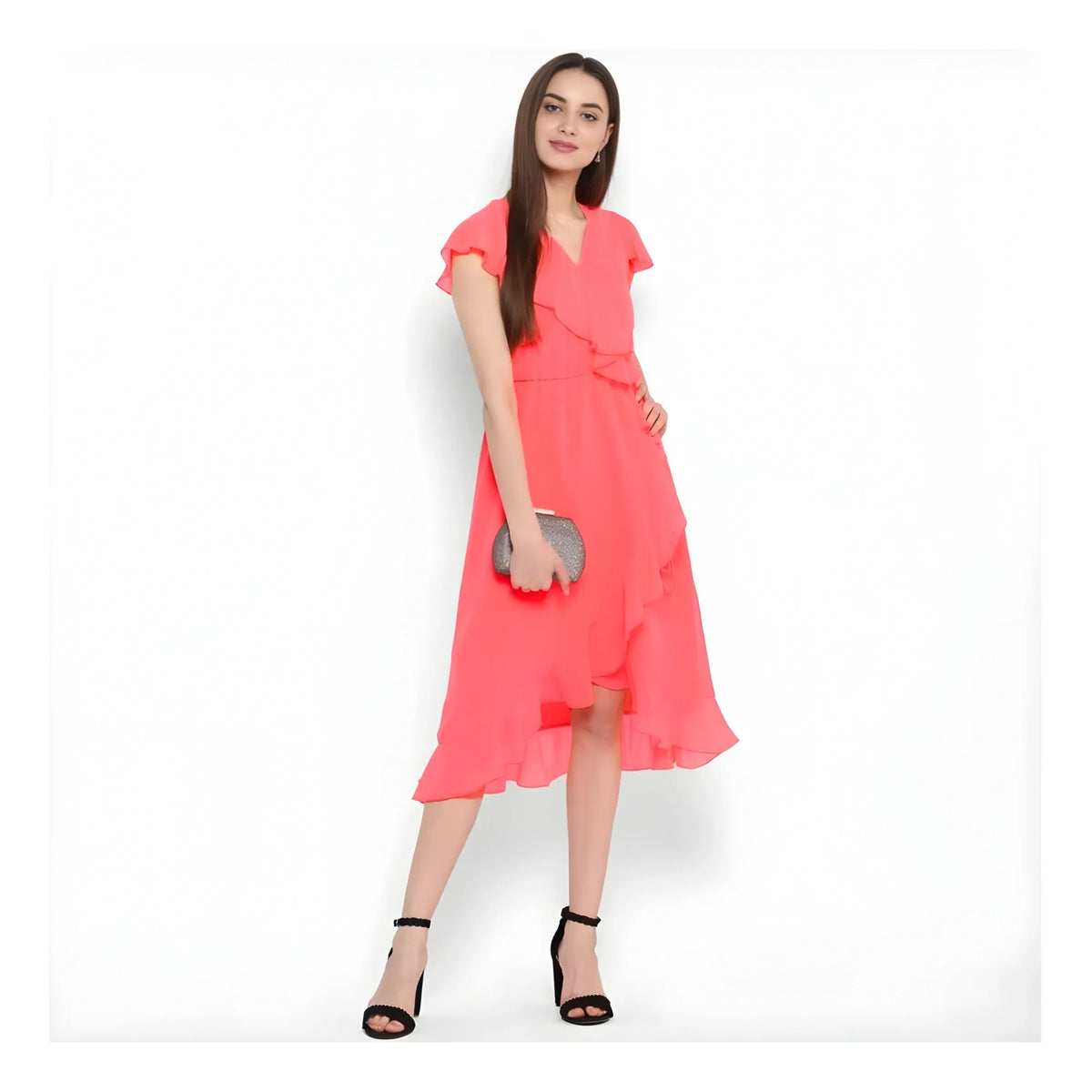 Women's Polyester Ruffled Cap Sleeve Below Knee Dress (coral Pink) | Women Signature Collection