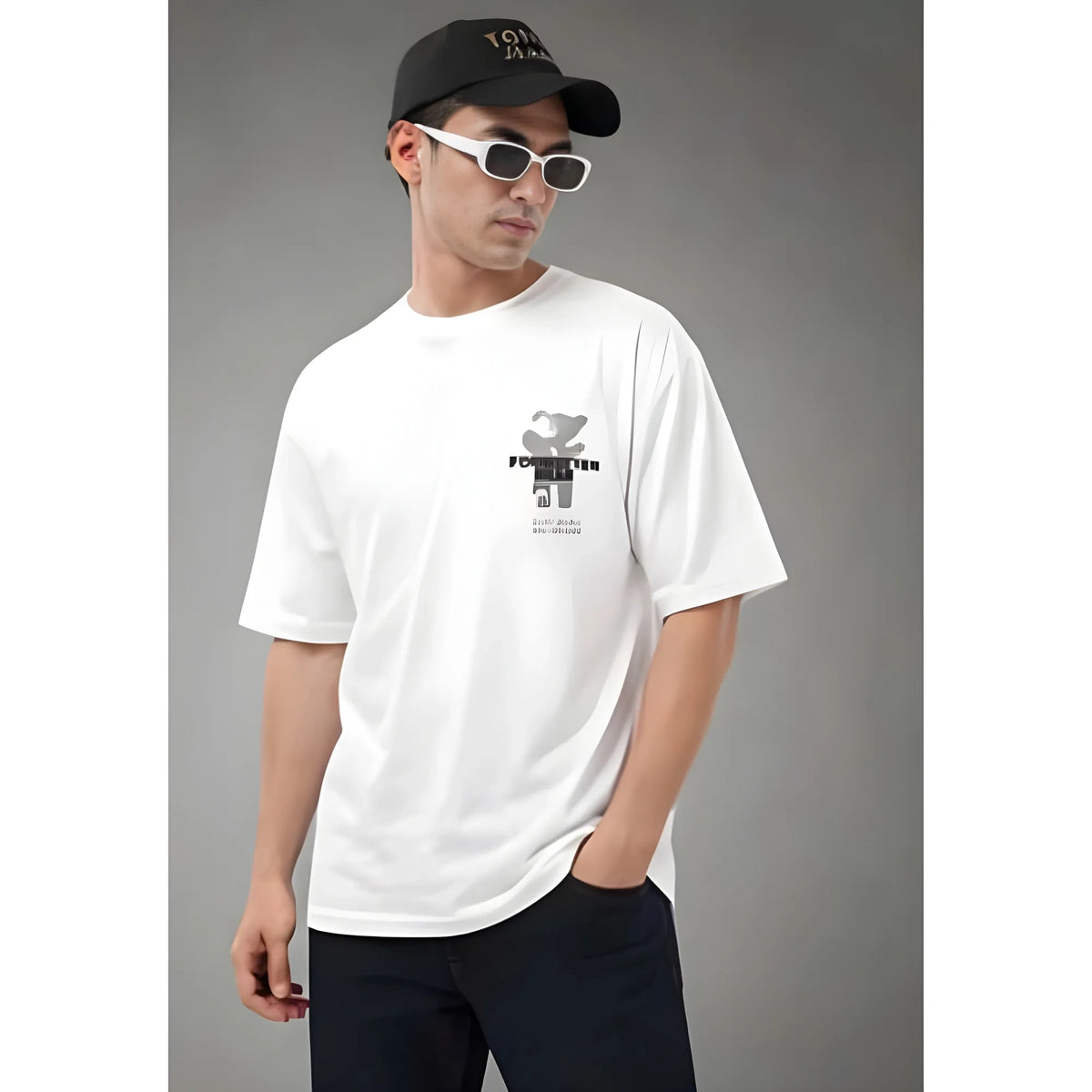 Men's Cotton Blend Printed Oversized Round Neck Half Sleeve T-Shirt (White)