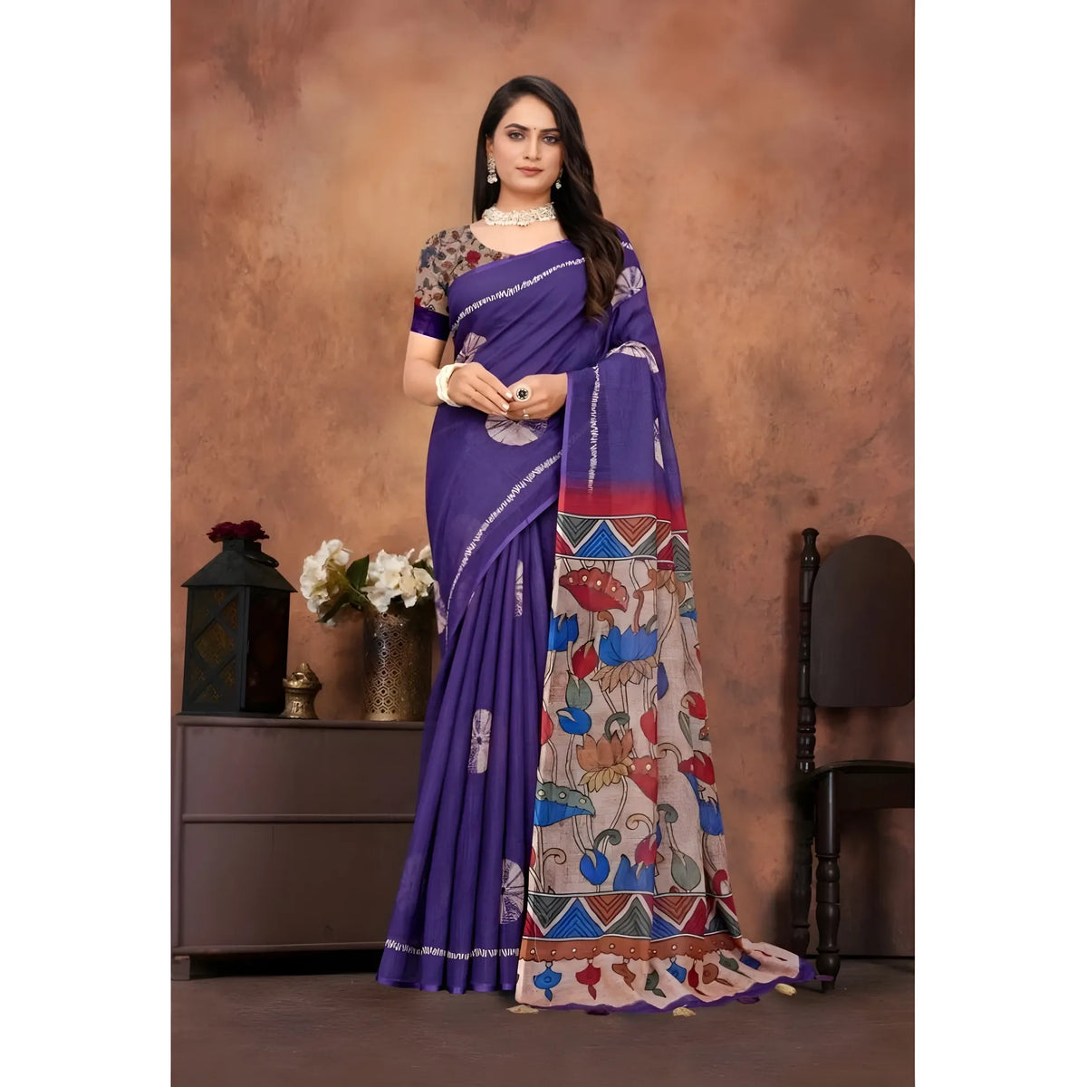 Women's Linen Printed Saree With Unstitched Blouse 5.5Mtr (Purple)