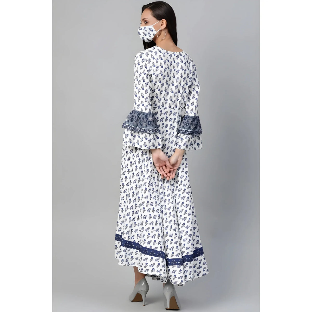 Women's Casual Bell Sleeve Floral Printed Rayon Dress (white &amp; Blue) | Women Signature Collection