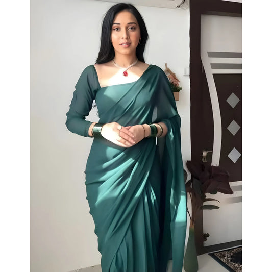 Women's Georgette Solid Saree With Unstitched Blouse 5.5Mtr (Dark Green)