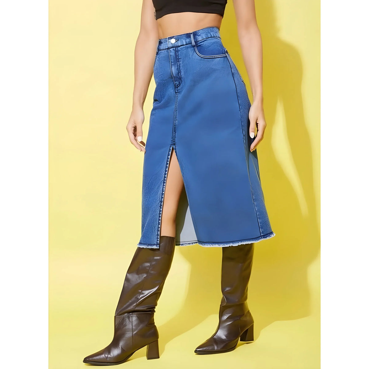 Women's Denim Solid Buttoned Skirt (blue) | Women Signature Collection