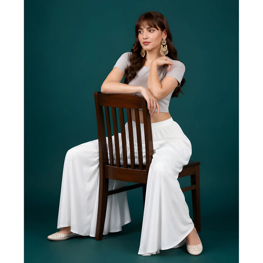 Women's Georgette Solid Mid-Rise Wide Leg Flared Palazzo with Elastic Waist (White)