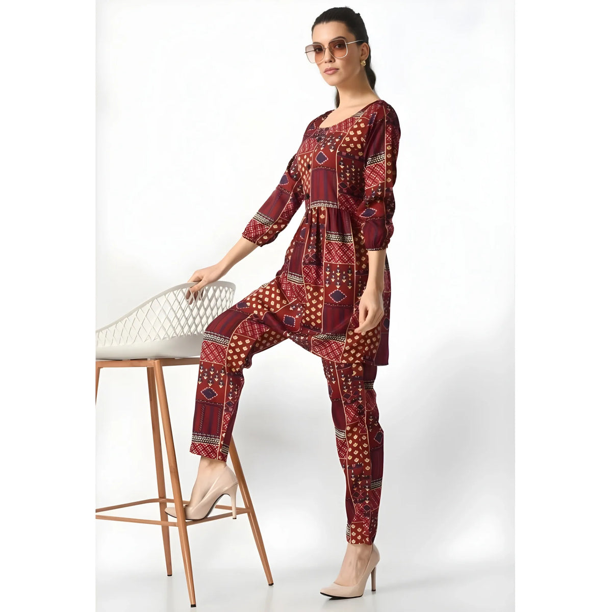 Women's Casual Crepe 3-4th Sleeves Cord Set (Maroon)