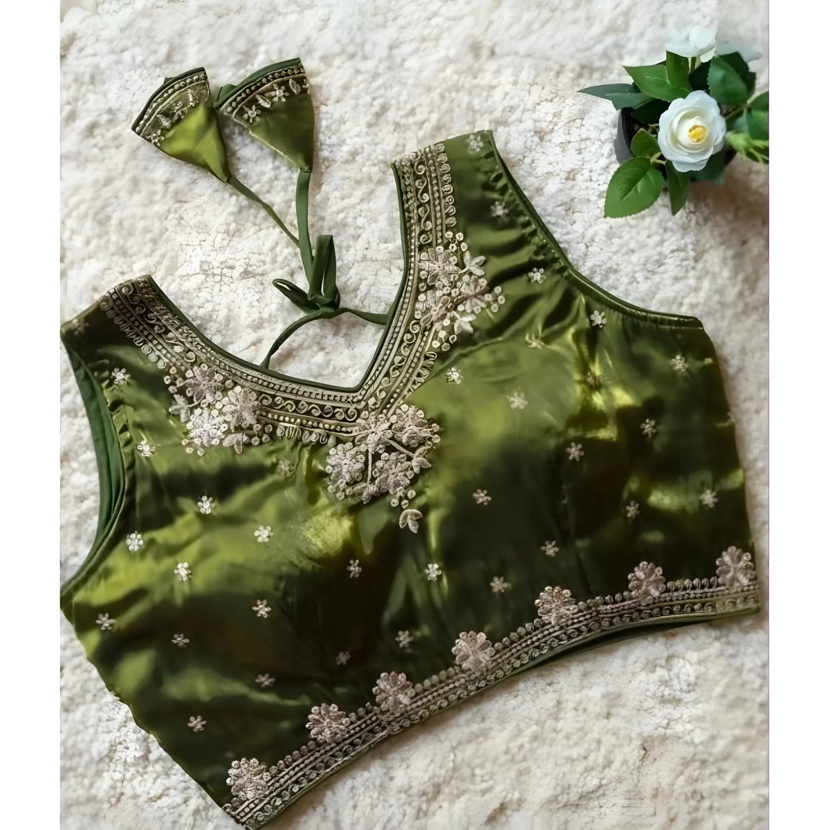 Women's Silk Embroidered V-Neck Sleeveless Readymade Padded Blouse (Mahendi, Size 38)