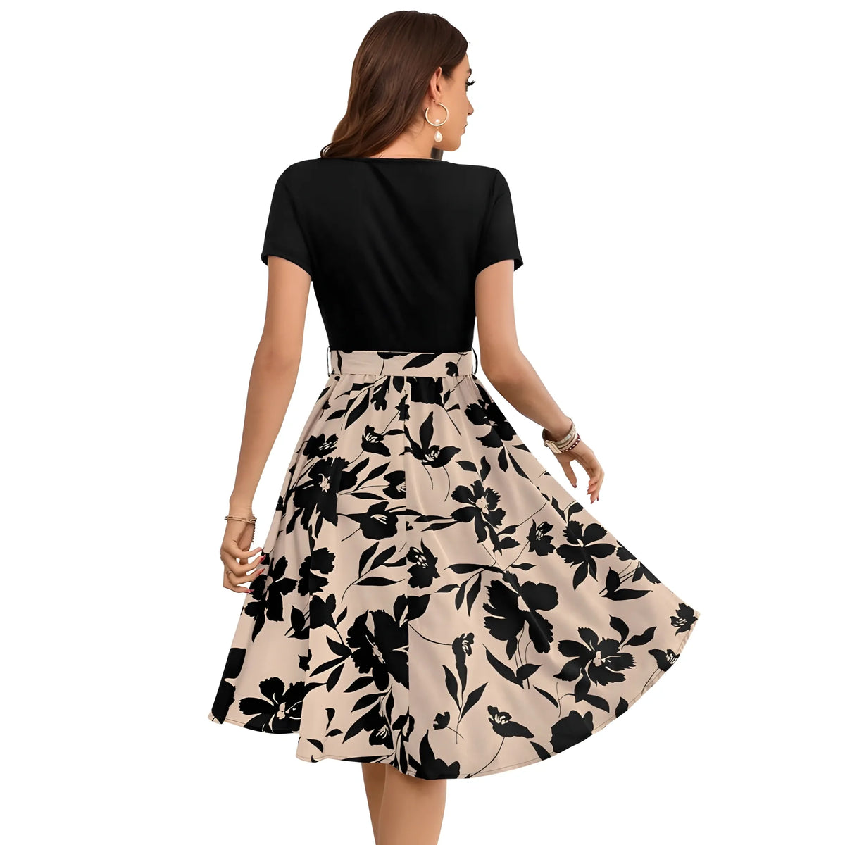 Women's Knitting Printed Round Neck Short Sleeve Dress (Cream)