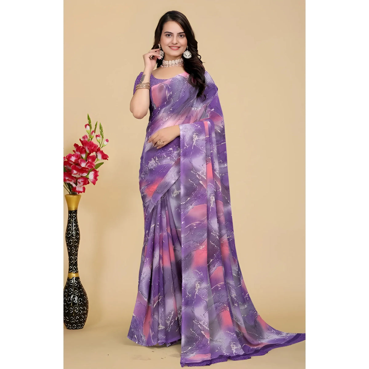 Women's Georgette Printed Saree With Unstitched Blouse 5.5Mtr (Purple-Pink)