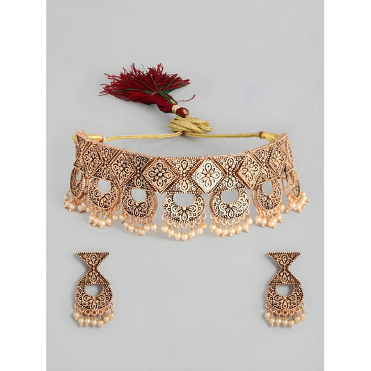 Women's Rose Gold Plated Alloy Necklace &amp; Earings Set (Gold)