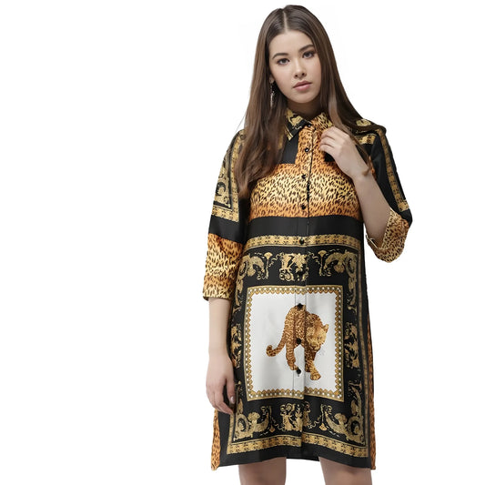 Women's Satin Animal Print 3 4th Sleeves Above Knee Dress (white Orange) | Women Signature Collection