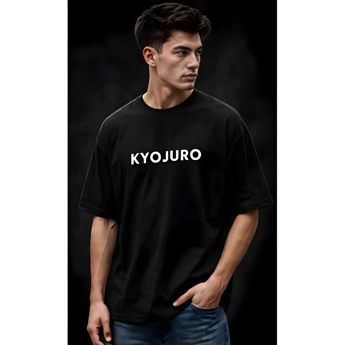 Men's Cotton Blend Printed Oversized Round Neck Half Sleeve T-Shirt (Black)