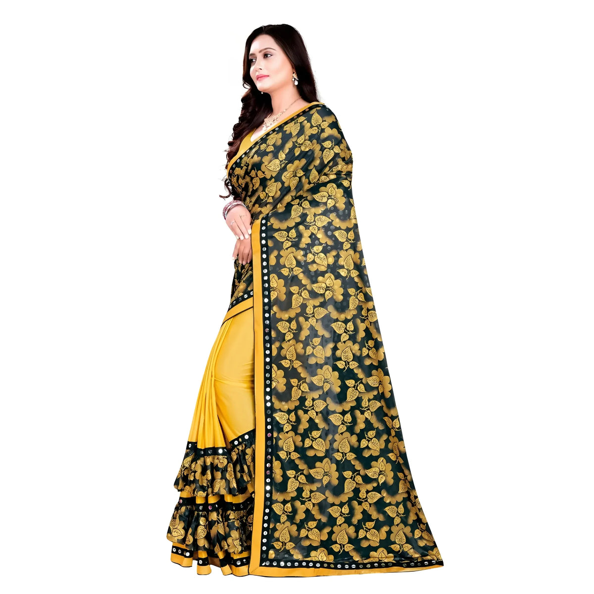 Women's Lycra Blend Saree with Blouse (Mustard, 5-6 Mtrs)