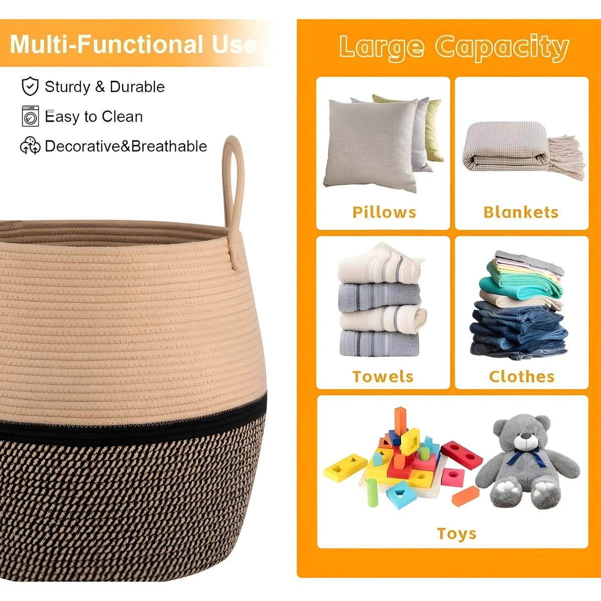Cotton Matka With Handle 14x12 Inch Storage Basket For Clothes With Out Lid (Beige-Black)