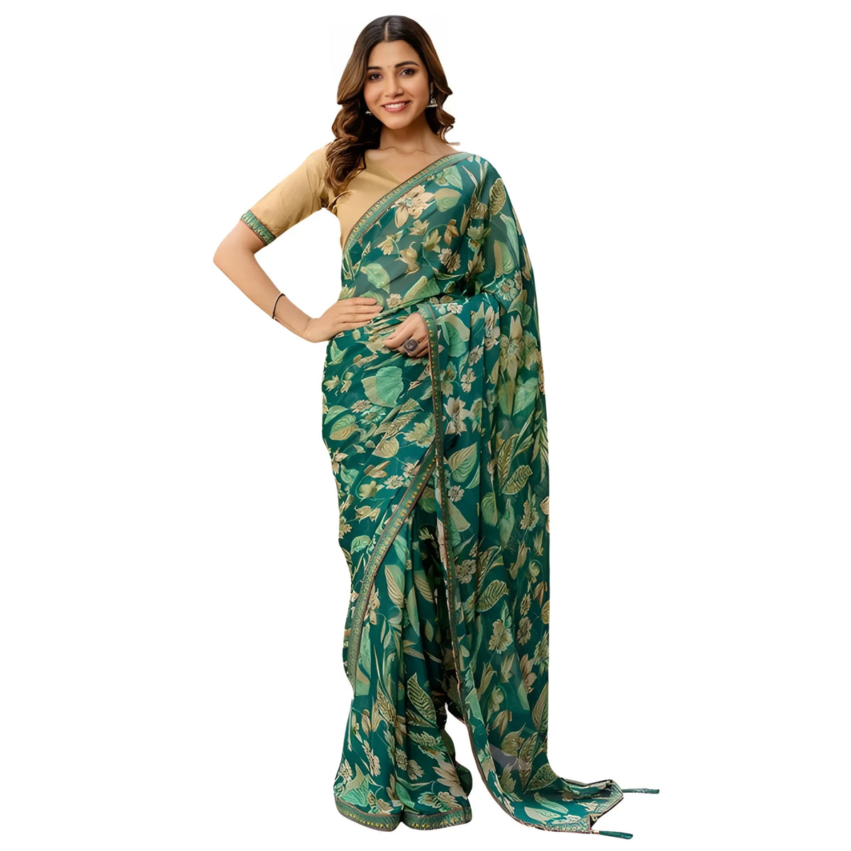 Women's Georgette Floral Printed Saree With Unstitched Blouse 5.5Mtr (Green)