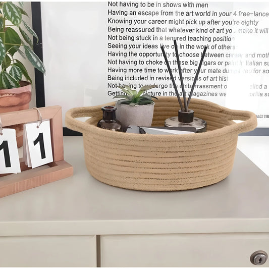 Cotton 8x3 Inch Round Bedside Organizer With Out Lid (Beige)