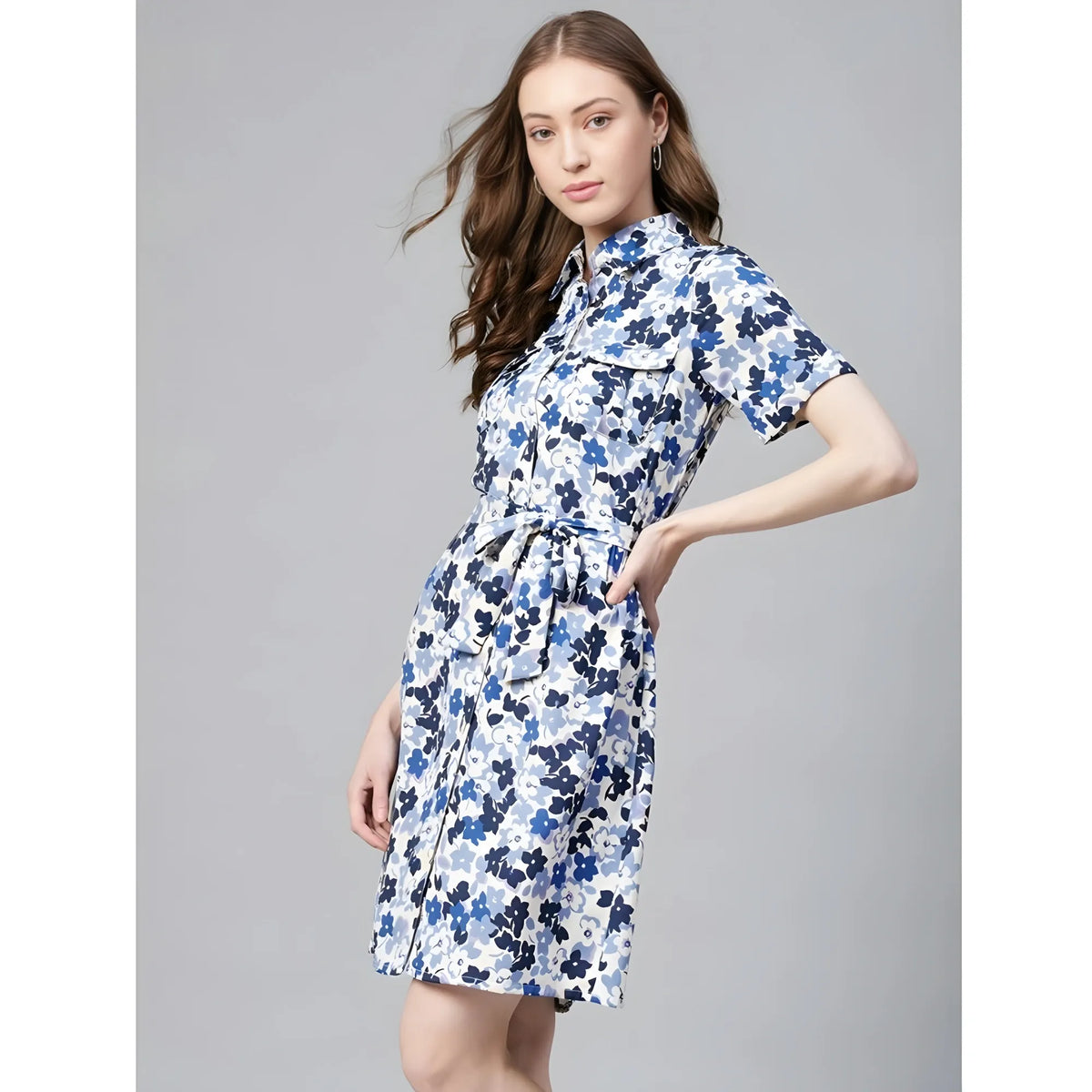 Women's Polyester Floral Short Sleeve Above Knee Dress (blue White) | Women Signature Collection