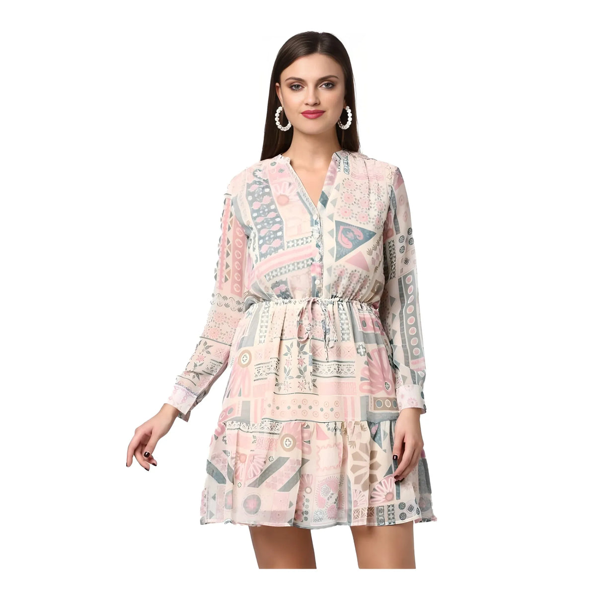 Women's Polyester Printed Long Sleeves Above Knee Dress (light Pink Off White) | Women Signature Collection