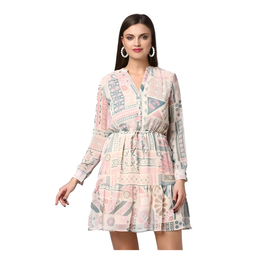 Women's Polyester Printed Long Sleeves Above Knee Dress (light Pink Off White) | Women Signature Collection