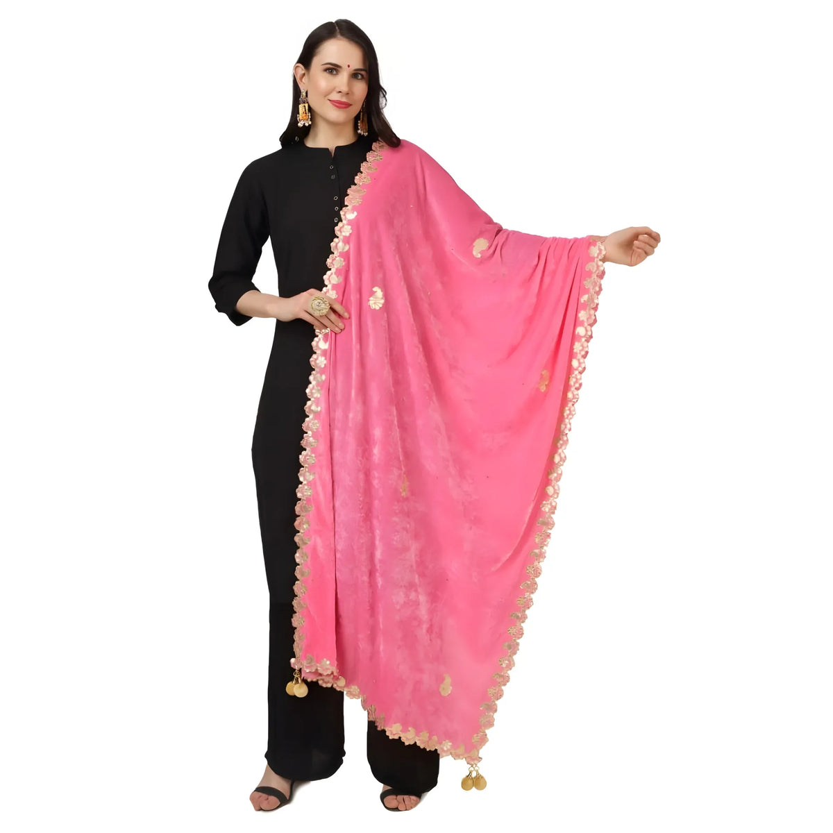 Women's Velvet Gotta Patti Dupatta (Pink, Length:  2.25 to 2.50 Mtr)