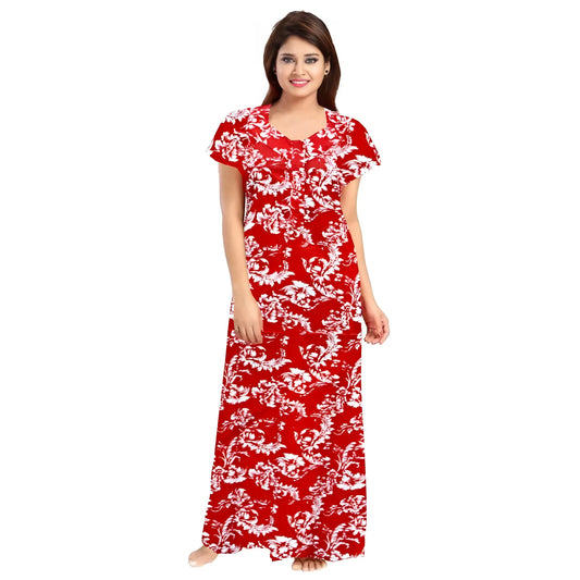 Women's Cotton Printed Maxi Nighty (Red)