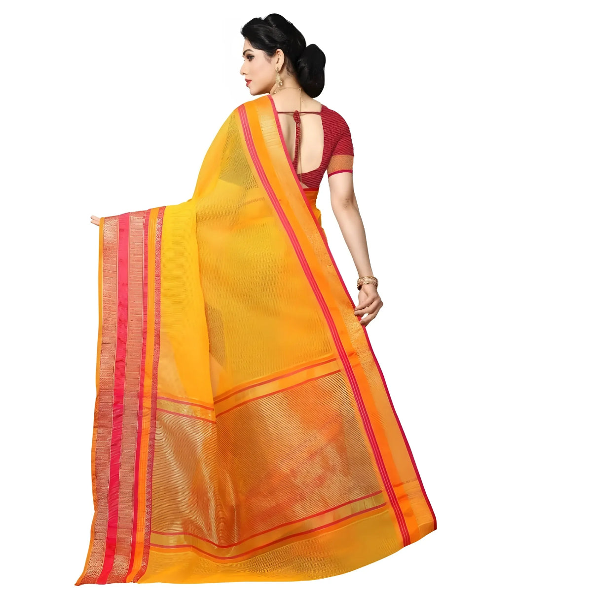 Women's Kota Doria Cotton Border Saree With Blouse (Gold, 5-6 Mtrs)