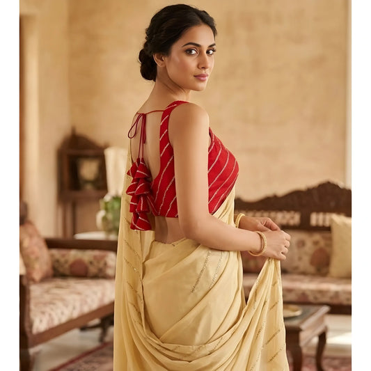 Women's Silk Embellished Sweetheart Neck Sleeveless Readymade Padded Blouse (Red, Size 38)
