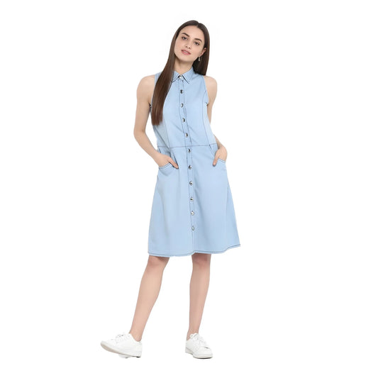 Women's Denim Solid Sleeveless Below Knee Dress (blue) | Women Signature Collection