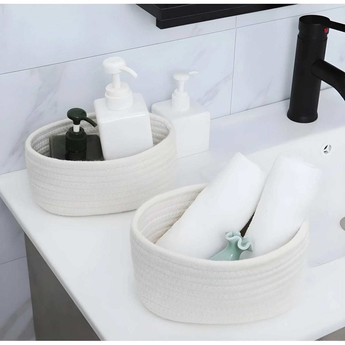 Cotton 8x3 Inch Round 2 Set Bedside Organizer With Out Lid (White)