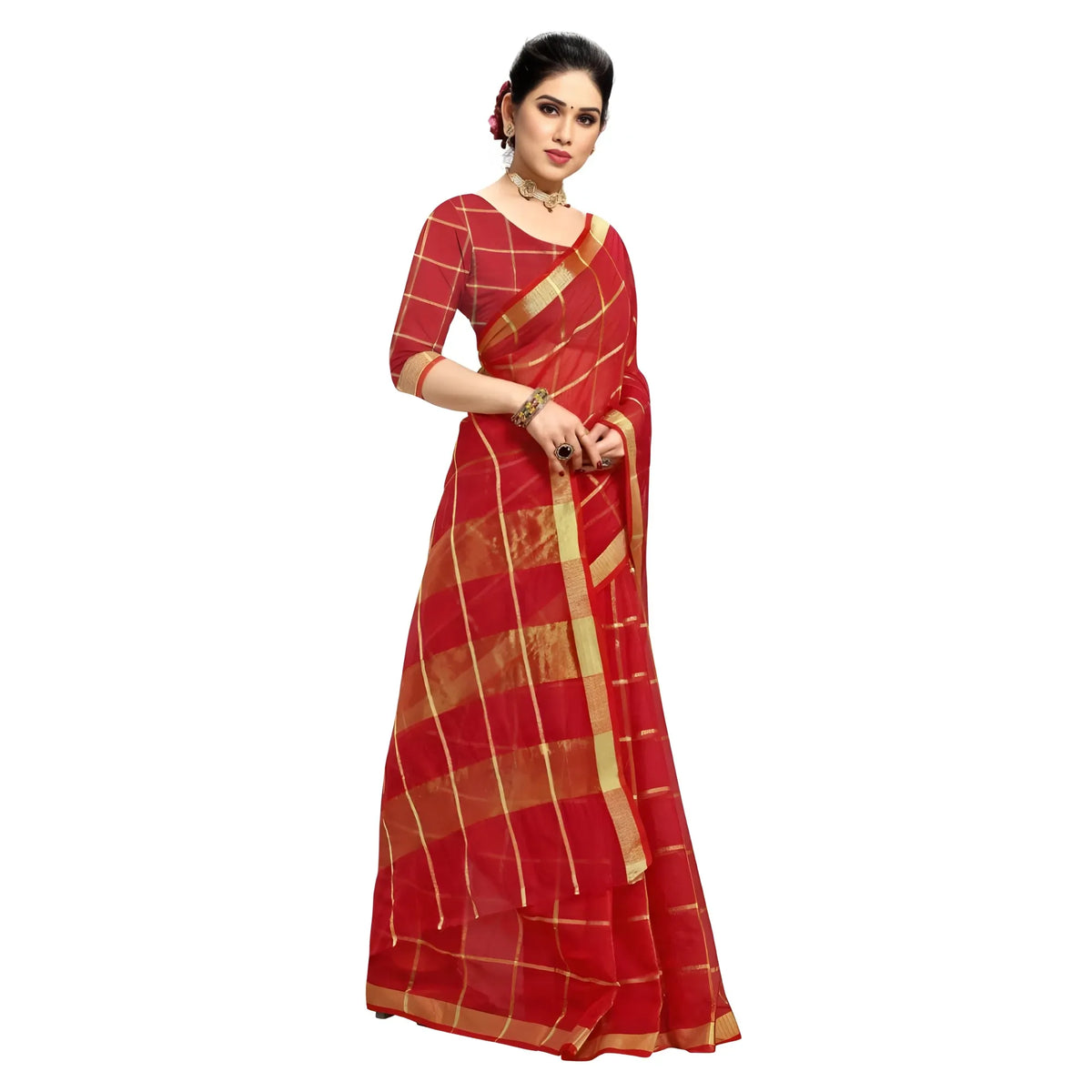 Women's Kota Doria Cotton Checked Saree With Blouse (Red, 5-6 Mtrs)