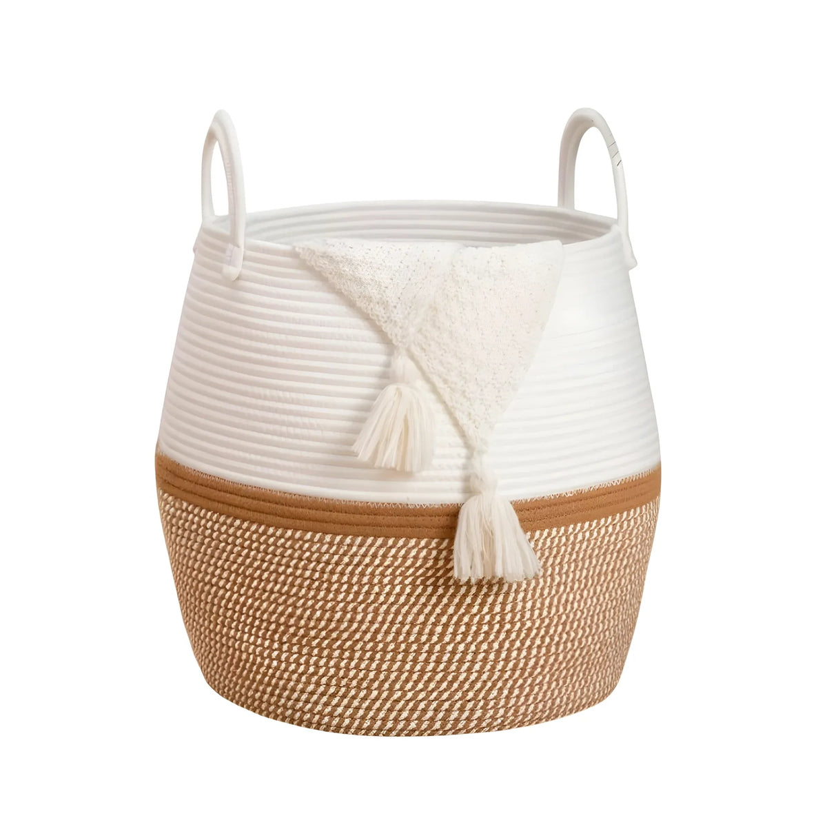 Cotton Matka With Handle 14x12 Inch Storage Basket For Clothes With Out Lid (Beige-White)